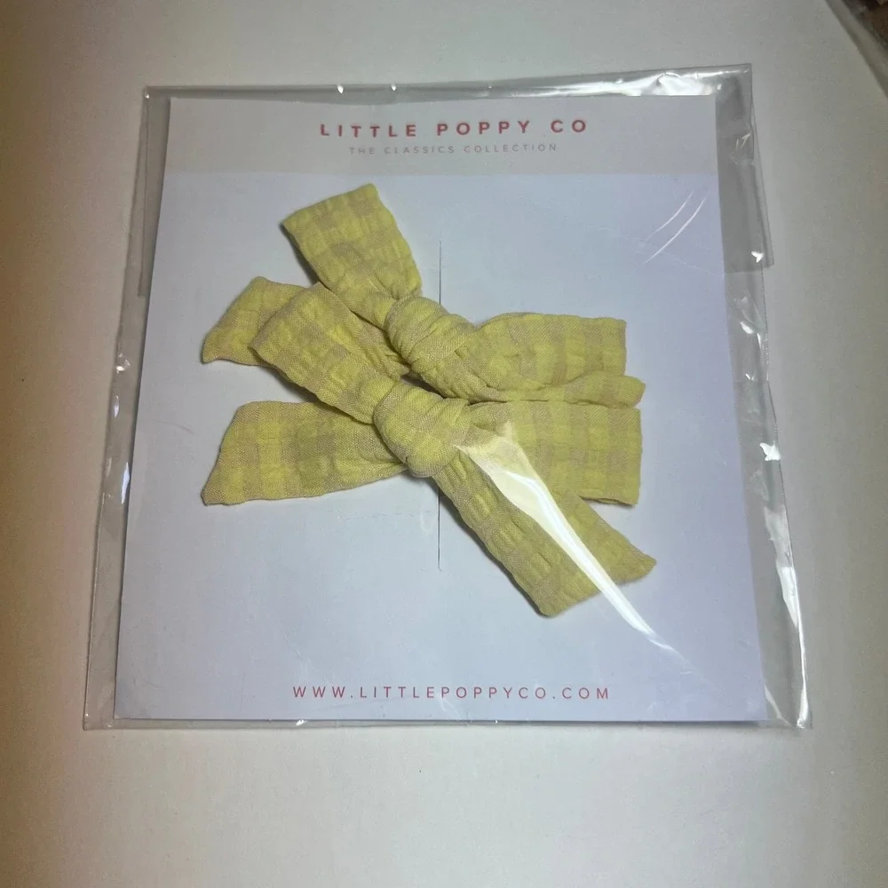 Little Poppy Co Yellow Gingham Hand Tied Hair Bow Set Classics Collection 2pc